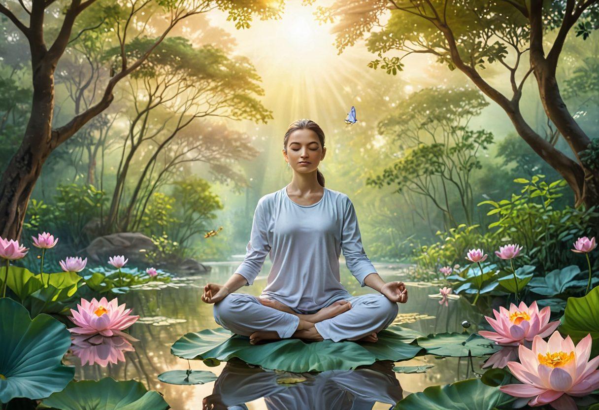 A serene landscape featuring a person meditating on a colorful lotus flower, surrounded by vibrant nature with gentle sunlight streaming through trees. Symbols of emotional intelligence like a brain and heart intertwining above them, conveying harmony between mind and emotions. Soft pastel colors create a calming atmosphere. super-realistic. vibrant colors. peaceful background.